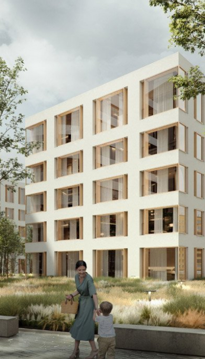 Дома в стиле авангард с геометрическими формами вокруг центрального парка